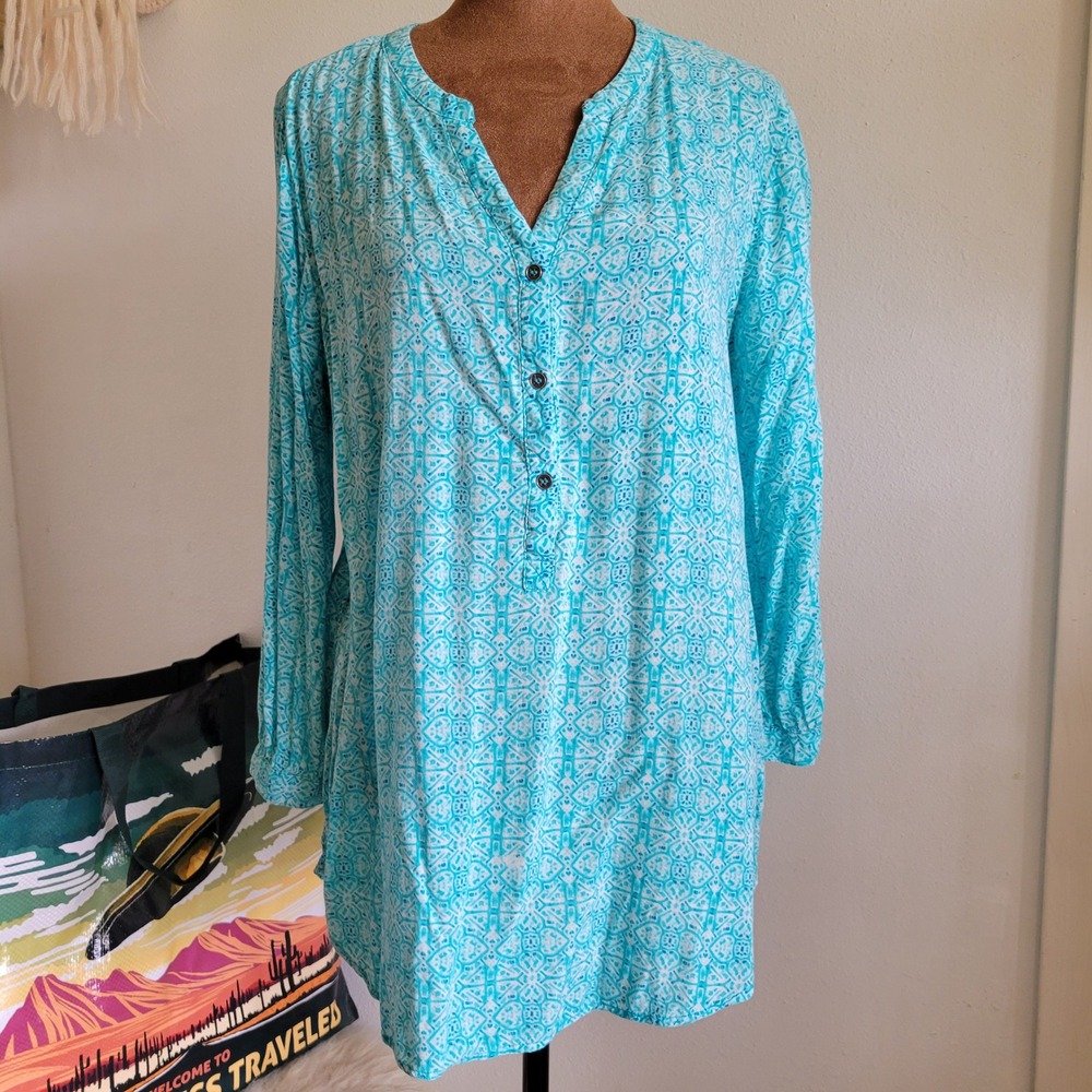 Grand & Greene Womens Teal Medallion Print Rayon Tunic Top Long‎ Sleeve Large